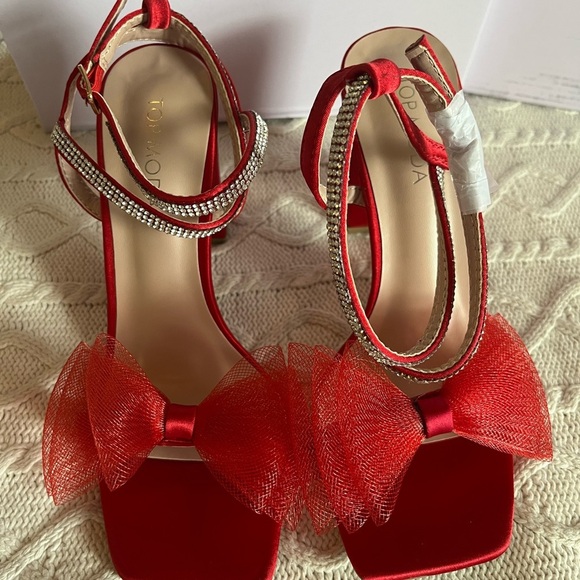NEW! Top Moda Red Agatha Bow Style Rhinestone Ankle Strap Women’s 6.5 - Picture 14 of 16